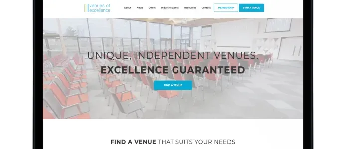 Venues of Excellence membership website and venue search portal shown on a laptop screen