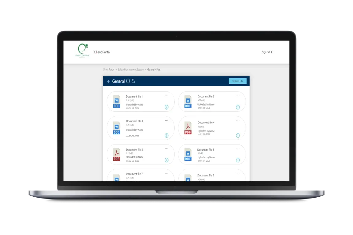Base Solutions client portal on a laptop, showing a folder of Word and PDF documents with file size, uploader and upload date
