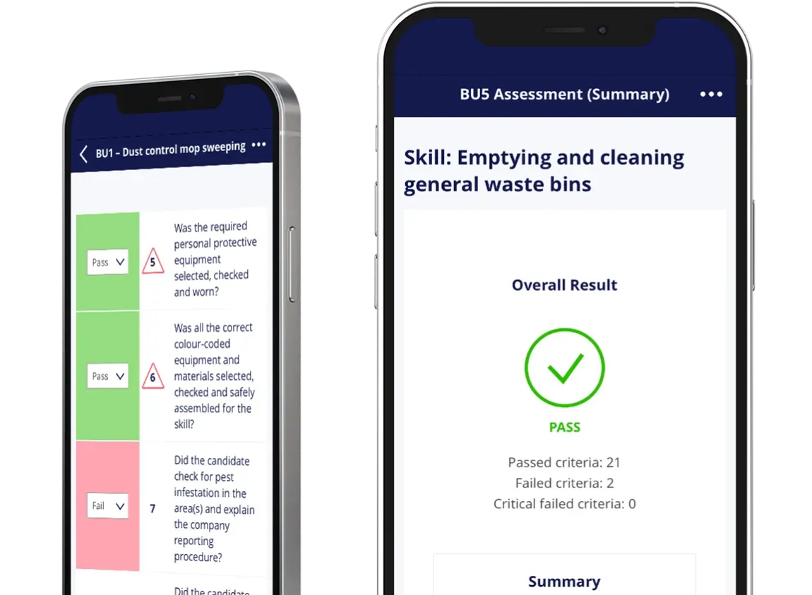 Two phones showing the BICSc cleaning audit app: a BU1 Dust control mop sweeping assessment with pass and fail criteria, and a BU5 assessment summary showing an overall PASS result