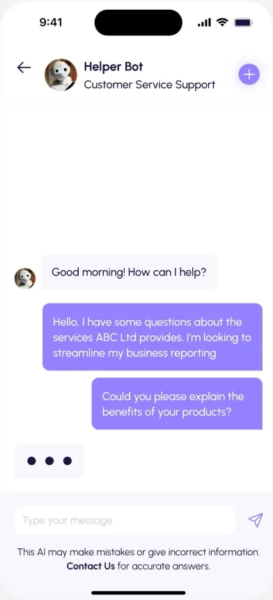 ChatGPT App Booster AI chatbot on a phone, showing a Helper Bot customer service conversation about a company's products