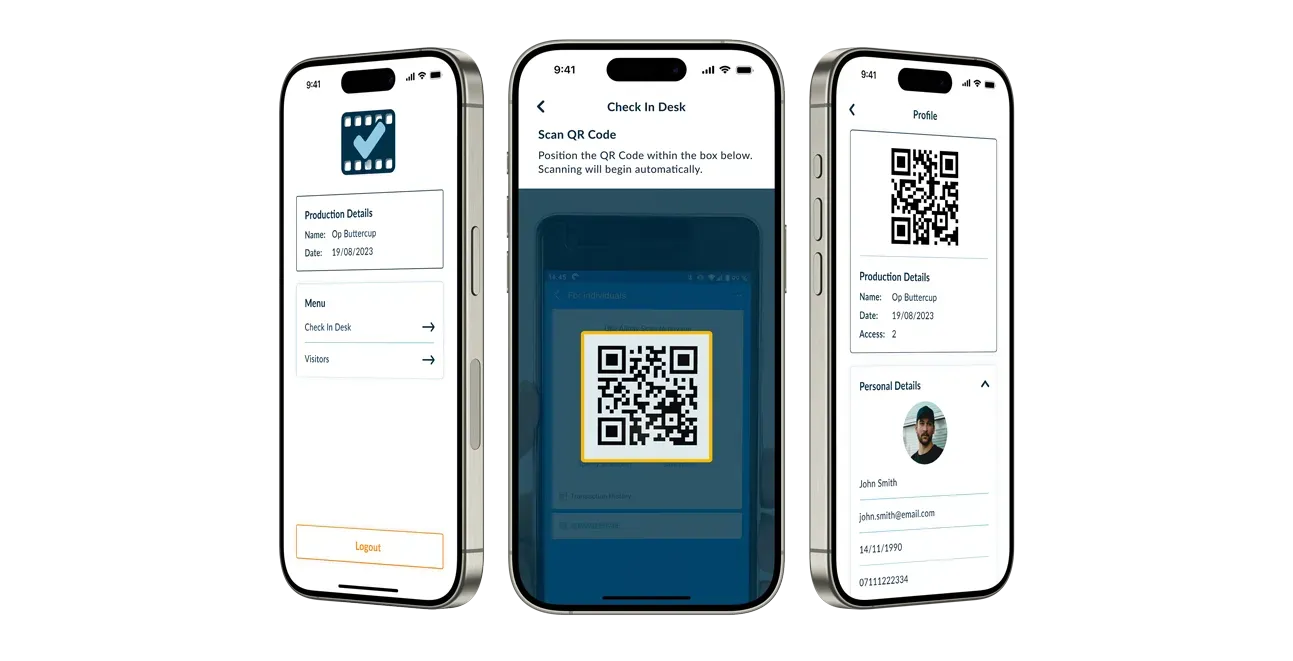 Check-me-in event entry app with QR code scanning for film industry visitor logging