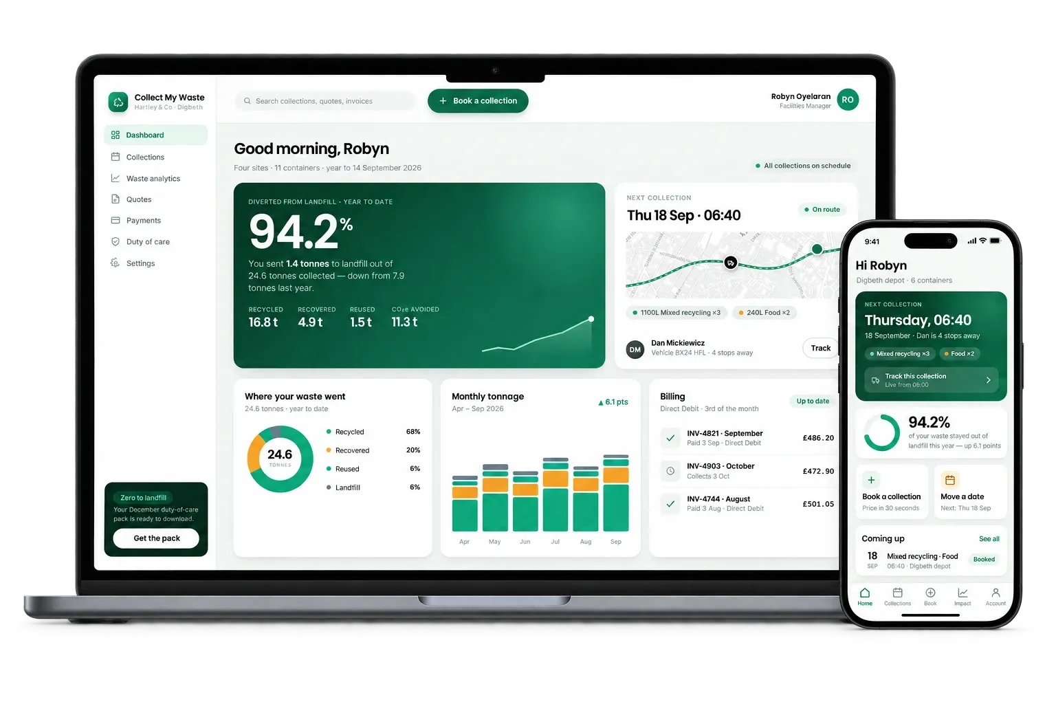 Concept redesign of the Collect My Waste waste management software, shown on a MacBook and iPhone: a customer dashboard with a 94.2% landfill diversion figure, a live collection round on a map, and the app's next-collection screen