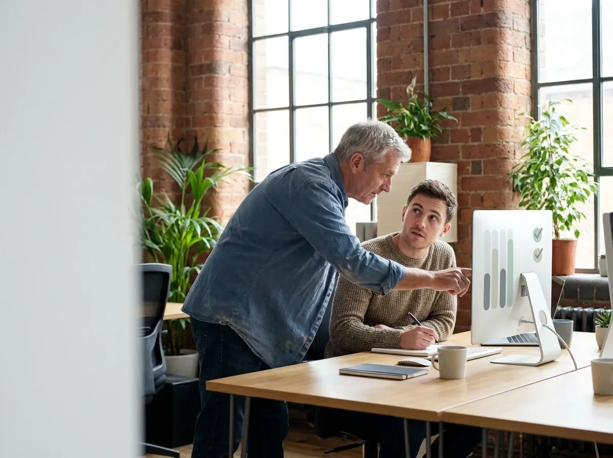 A senior developer leaning in to point at a monitor while a colleague takes notes at a shared desk, representing handing a release process over to a client's own team