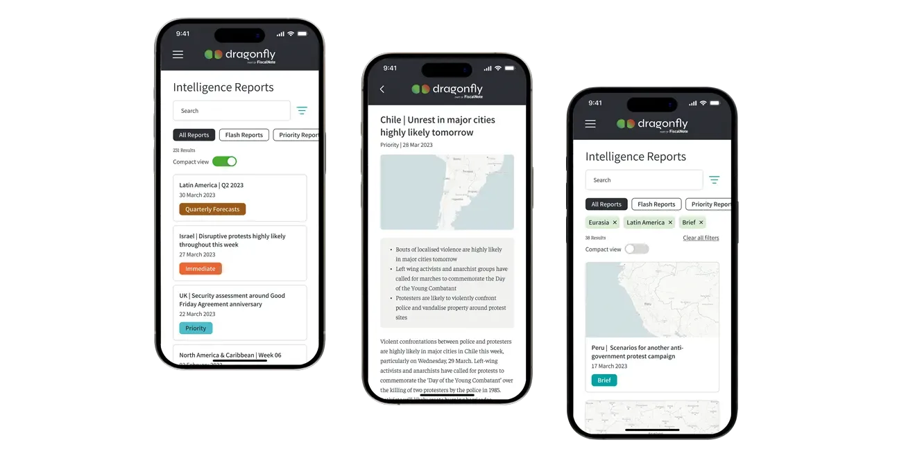 Dragonfly SIAS security intelligence app showing global risk reports on mobile