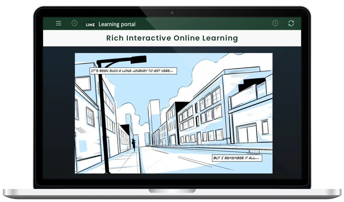 The Engage Lime Interactive Learning Portal on a laptop, showing a Rich Interactive Online Learning resource playing an illustrated story frame