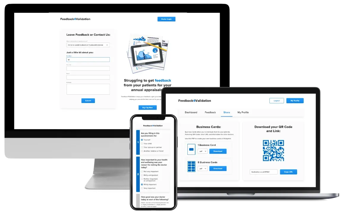 The Feedback4Validation patient feedback web app shown across desktop, laptop and mobile, with the feedback form, questionnaire and QR code sharing screens