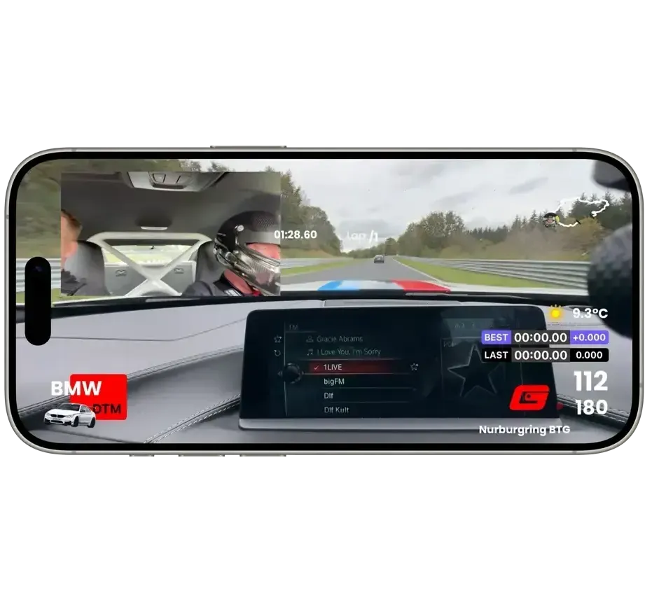Gapped app dual-camera in-car live stream showing the road ahead with a track map and live lap timers