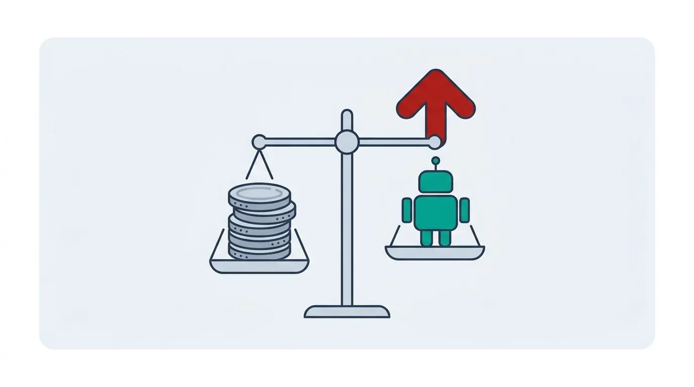 Flat infographic of a balance scale weighing a stack of coins against a small teal robot agent with a red upward arrow
