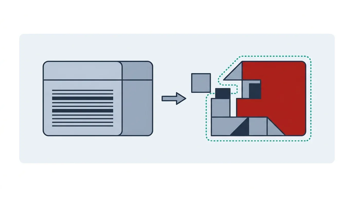 Flat infographic contrasting a sealed off-the-shelf box with building blocks assembled to fit a dotted outline exactly