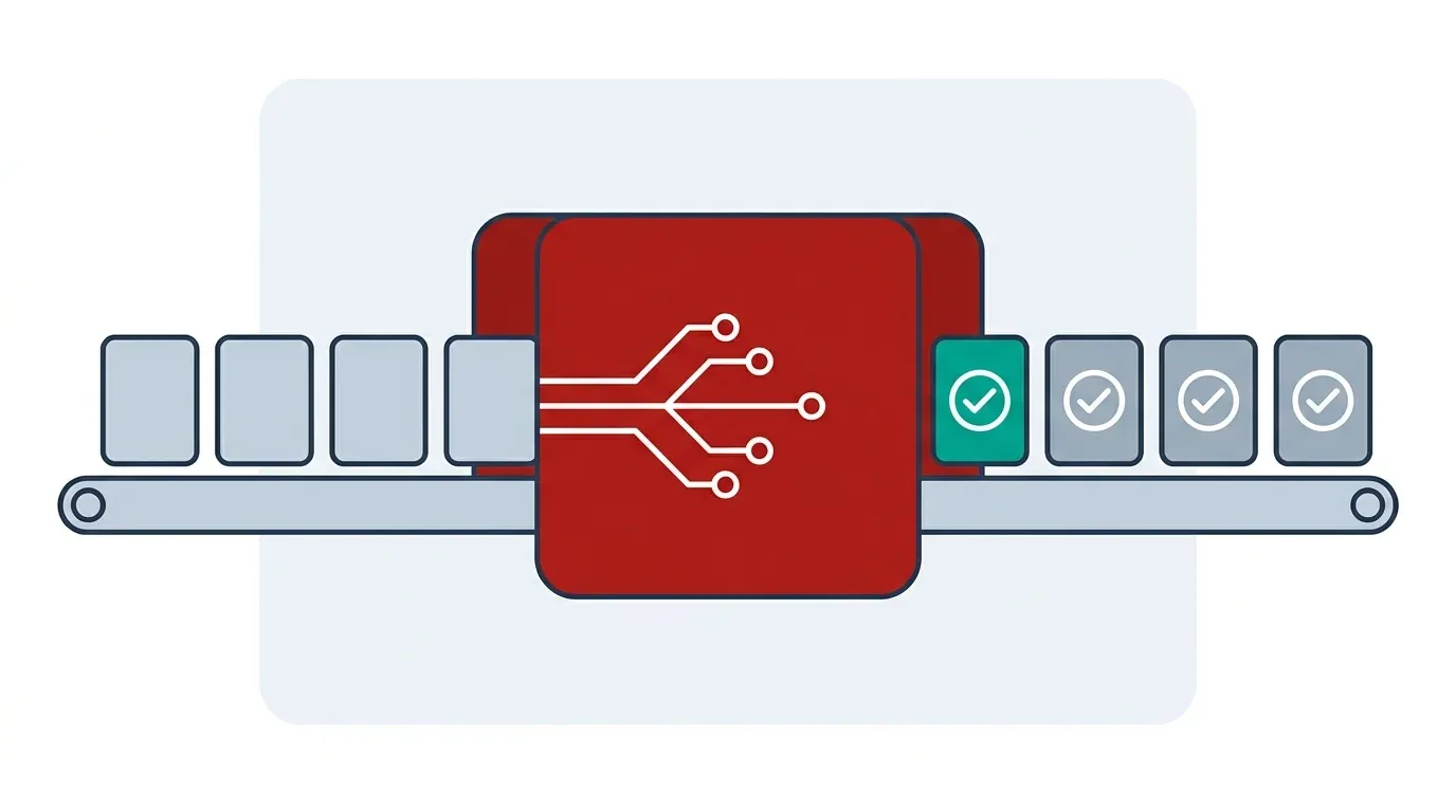 Flat infographic of paper forms on a conveyor passing through a red AI box and emerging as ticked cards