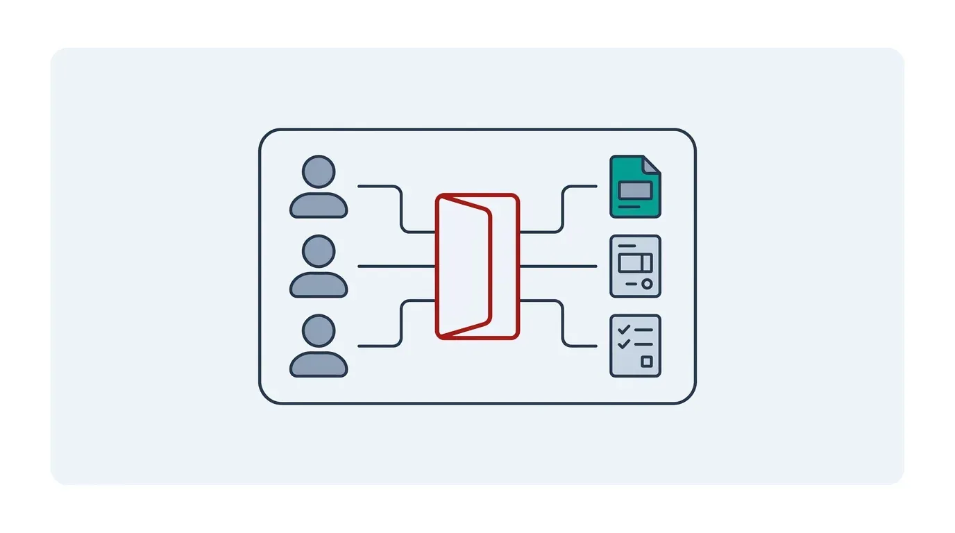 Flat infographic of three users connecting through a red portal doorway to document, invoice and order icons