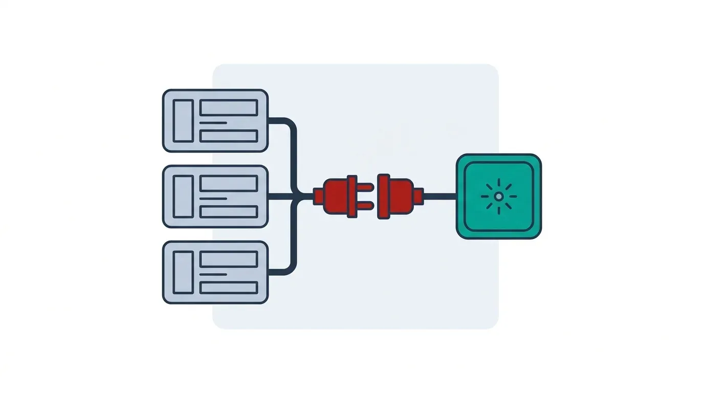 Flat infographic of three existing application blocks joined by a red plug connection to a teal AI chip