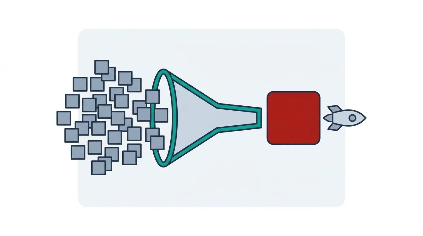 Flat infographic of many small feature blocks funnelling into one red core block with a rocket leaving it