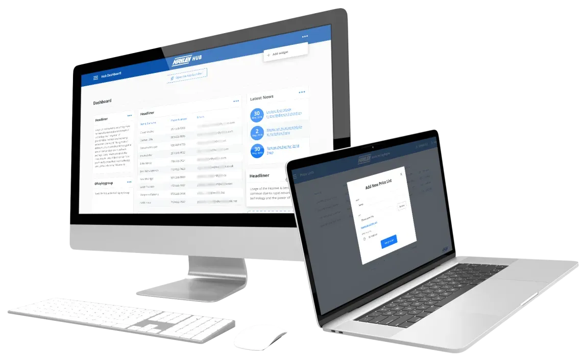 Hayley Hub dashboard and Pricing Engine price list shown on a desktop monitor and a laptop
