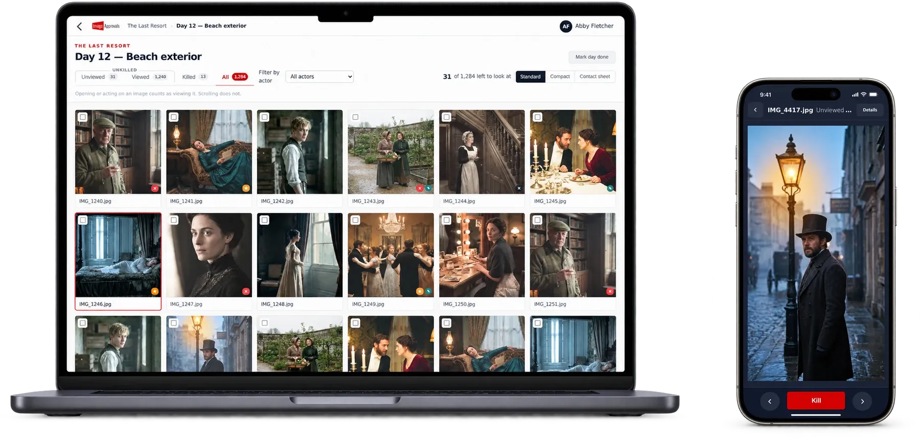 The Image Approvals platform on a MacBook Pro showing a production day's image grid, beside an iPhone showing a single still with the Kill button
