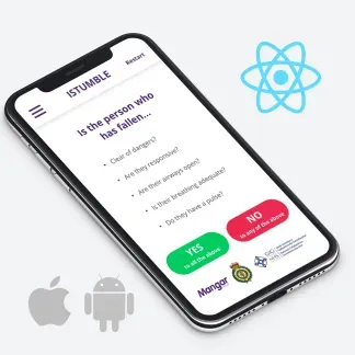 iStumble React Native health app on a phone, showing a first-aid decision checklist for a person who has fallen