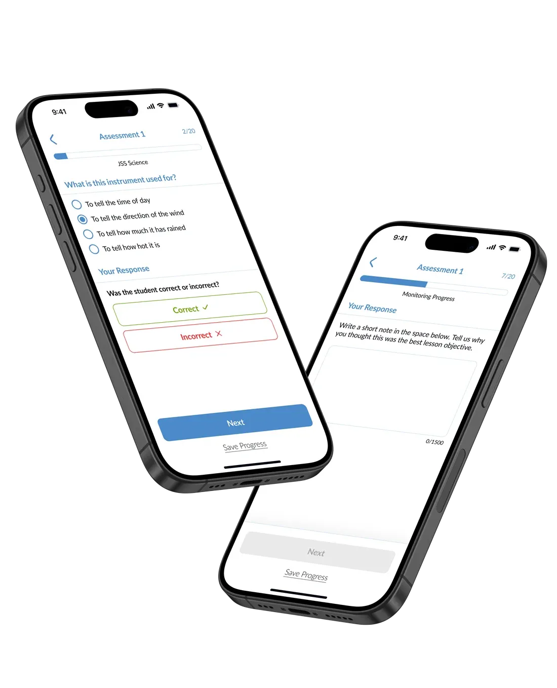 Learning app built by Scorchsoft shown on two phones, delivering an in-app training assessment with multiple-choice questions and a written response