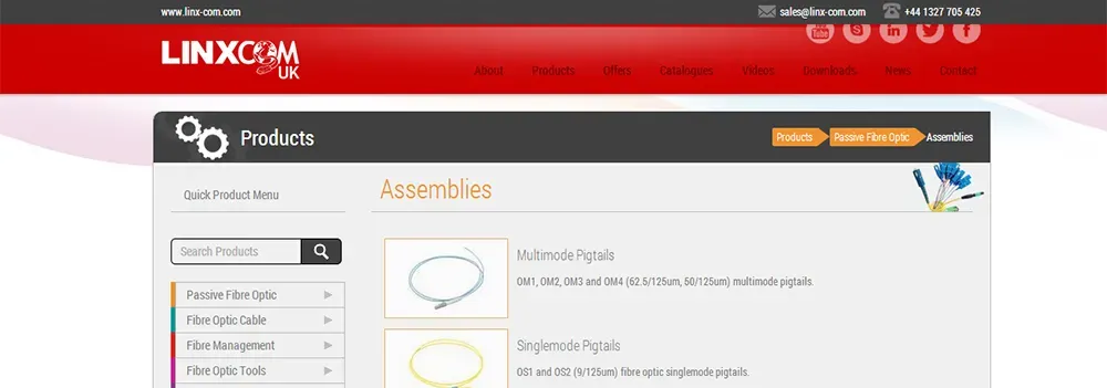 The Linx-com UK online catalogue website, showing the Assemblies product listing with a quick product menu and search