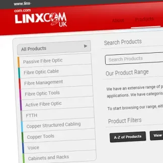 LINXCOM UK fibre optic product catalogue website built by Scorchsoft, showing the product range menu and search filters