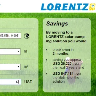 The LORENTZ solar pump ROI calculator built by Scorchsoft, showing projected savings and break-even for switching from diesel to a LORENTZ solar solution
