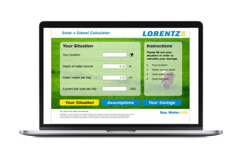LORENTZ Solar v Diesel calculator web app on a laptop, showing location, water depth and fuel cost inputs beside a savings panel