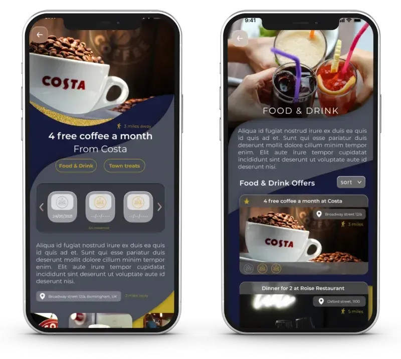 Loyalty app built by Scorchsoft shown on two phones, with a "4 free coffee a month from Costa" reward and a food and drink offers list ready to redeem in-app
