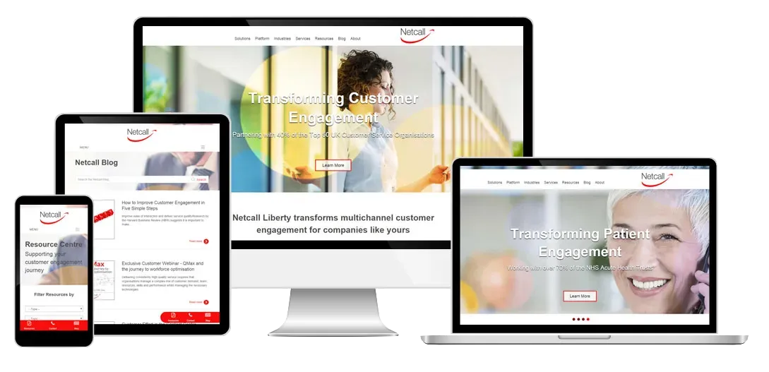 Netcall enterprise website and resource centre shown on a desktop monitor, laptop, tablet and mobile phone
