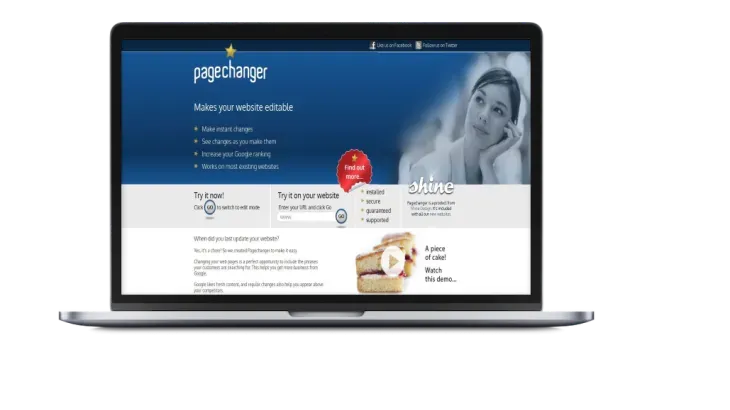 The Pagechanger website-editing web application on a laptop, showing its "Makes your website editable" home page with a try-it-now demo and Shine Design branding
