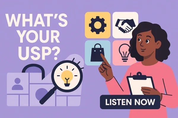 Tech Toolkit Podcast episode 005 thumbnail: What's Your USP? with innovation icons and a magnifying glass over a lightbulb
