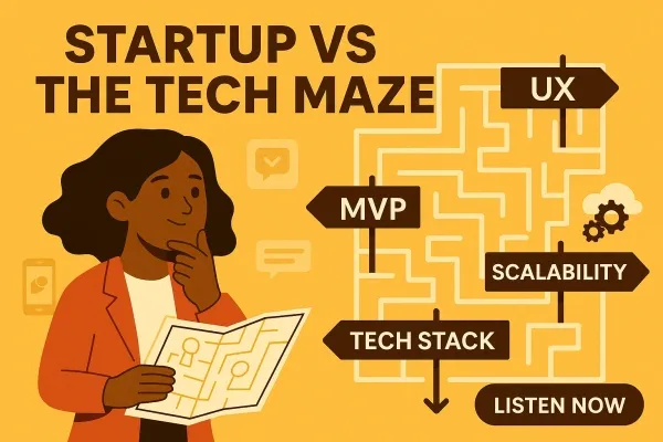 Tech Toolkit Podcast episode 001 thumbnail: Startup vs The Tech Maze, with a founder holding a map beside maze signposts for UX, MVP, scalability and tech stack