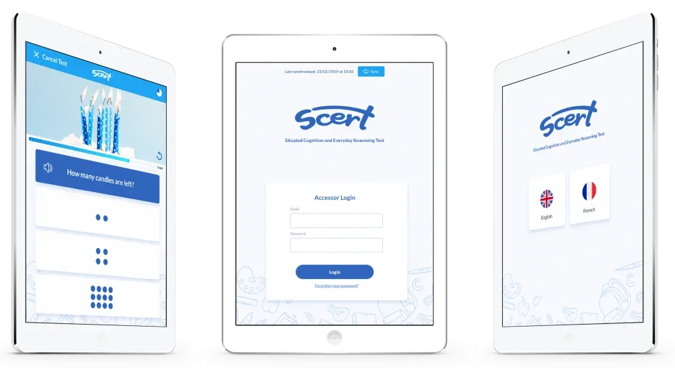SCERT education app on three tablets showing a reasoning question, the assessor login and the language selection screen