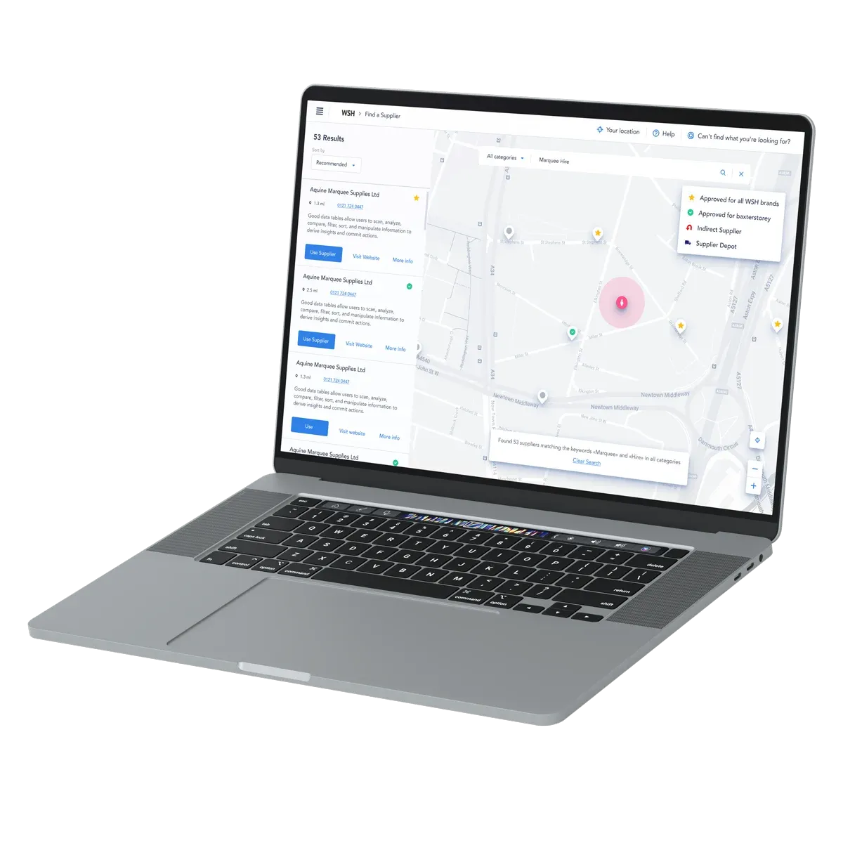 Supply chain management portal built by Scorchsoft shown on a laptop, tracking jobs on a live GPS map alongside a list of scheduled deliveries